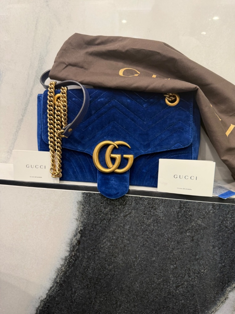 Gucci GG Marmont Blue Velvet Medium Shoulder Bag Heart Back - Picture 2 of 5